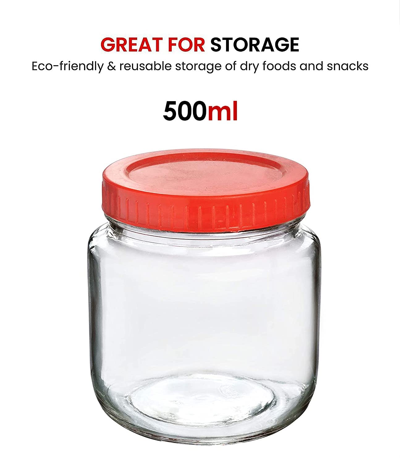 Feelopie Aahar Jar with Red Lid for Lentils, Food, Pickles, Spices, Sweets, Snacks, Rice, Kitchen Storage (500ml, Set Of 4)